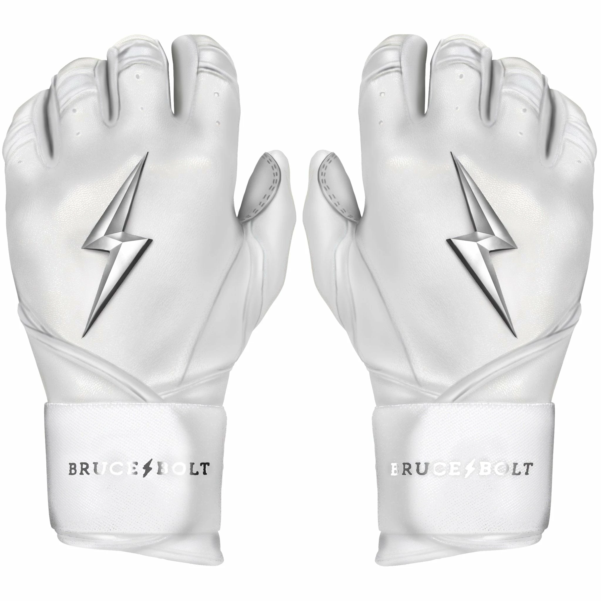 Bruce Bolt PREMIUM PRO Chrome Series Long Cuff Batting Gloves: White 3 Bruce Bolt PREMIUM PRO Chrome Series Long Cuff Batting Gloves: White