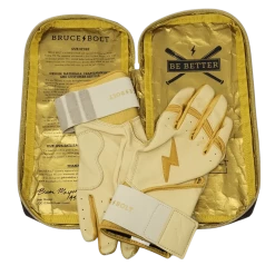 Bruce Bolt PREMIUM PRO Gold Series Batting Gloves: Long Cuff -Deals Baseball Glove Store LC GLD BAG2